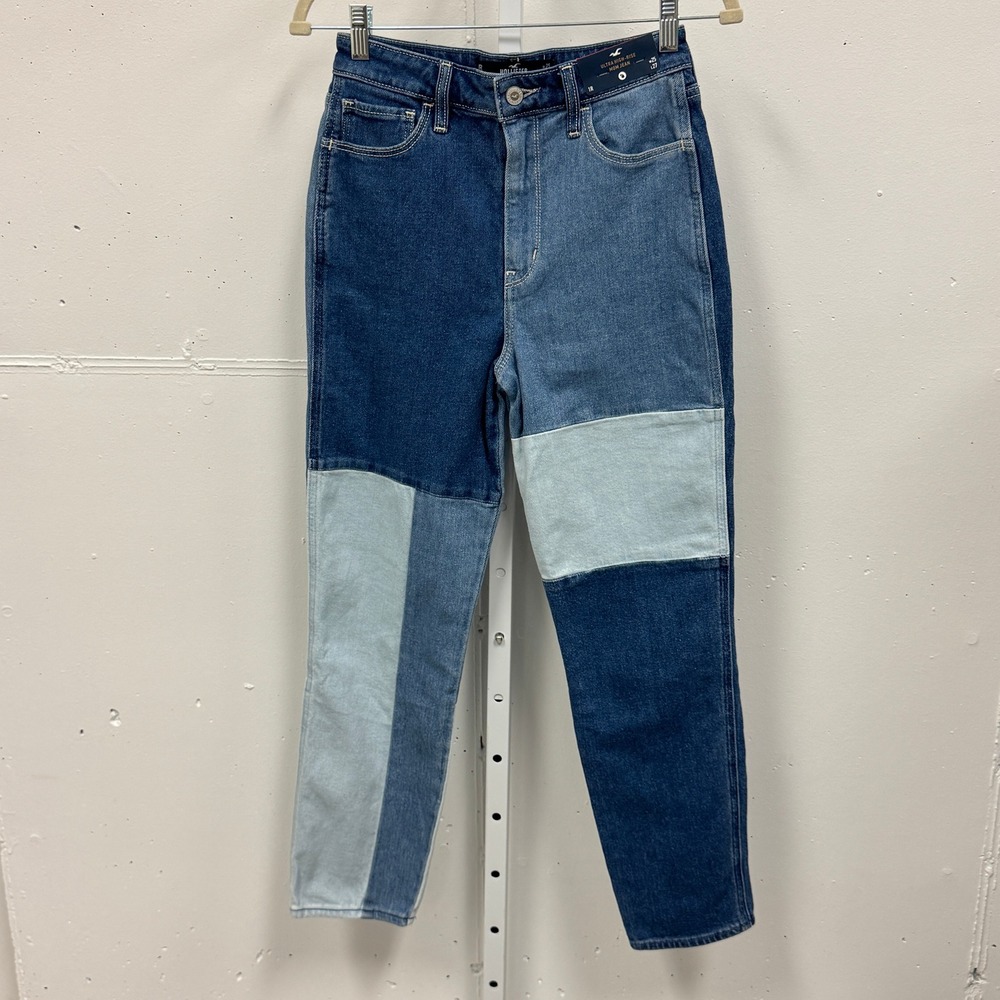 NWT Hollister‎ Ultra High-Rise Mom Jeans Blue Patchwork Colorblock Stretch W25